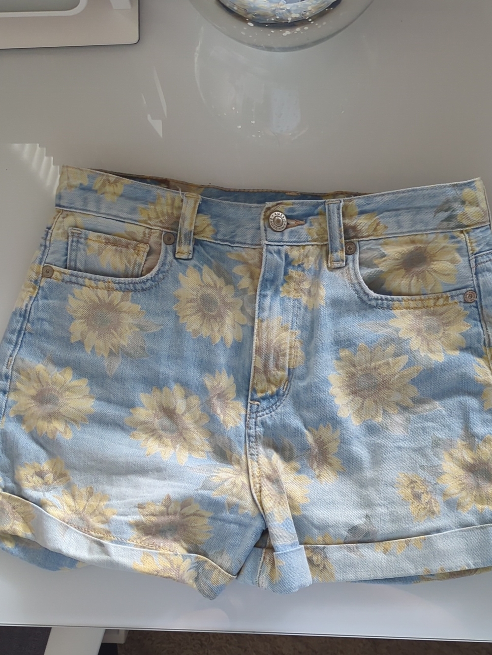 American Eagle Outfitters Light Blue Denim Sunflower Print Shorts